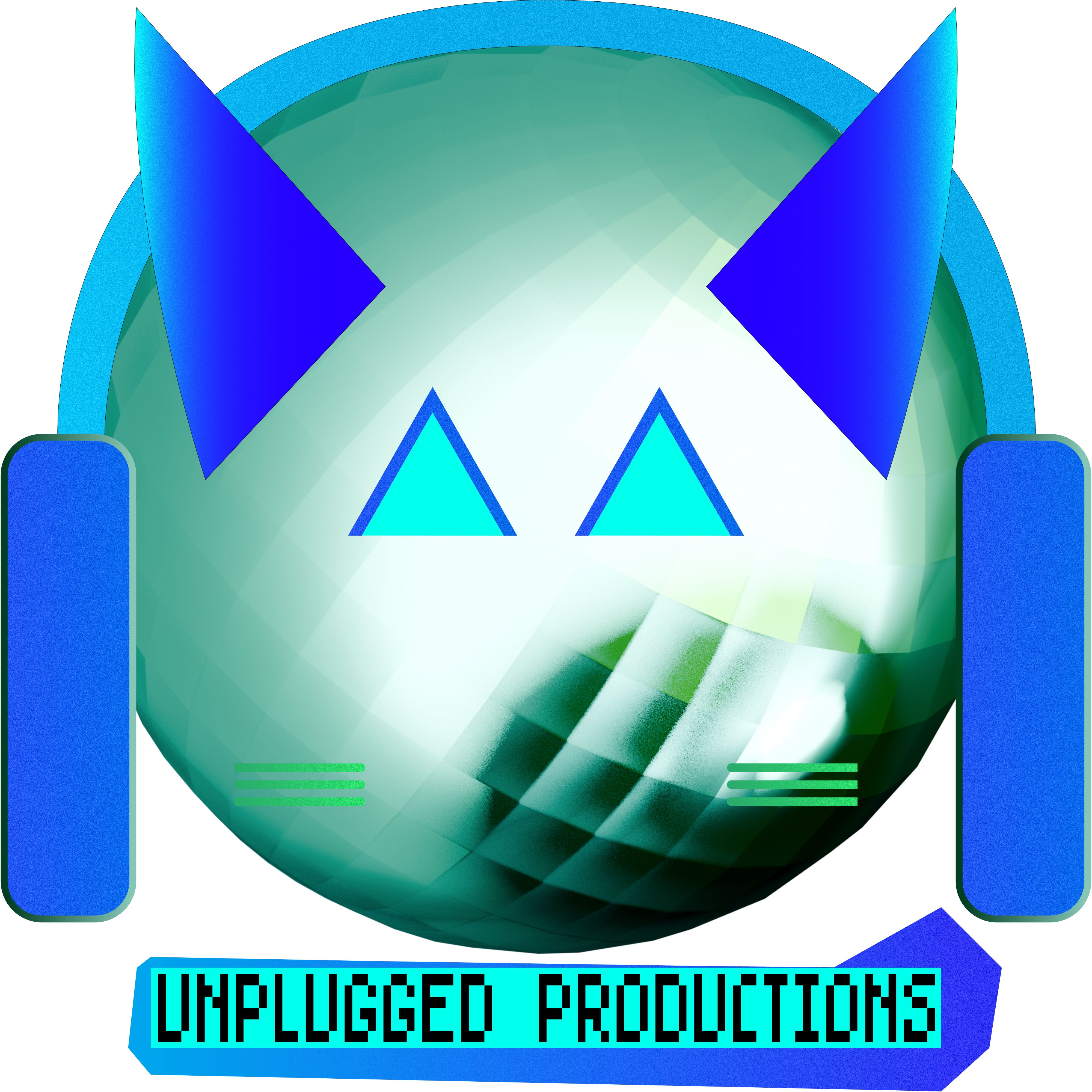 my 2026 attempt at the unplugged animations/productions logo, which is shaped like a cat's face wearing headphones. it's all made out of primitive angular shapes, with sandpaper-like gradients along almost every surface